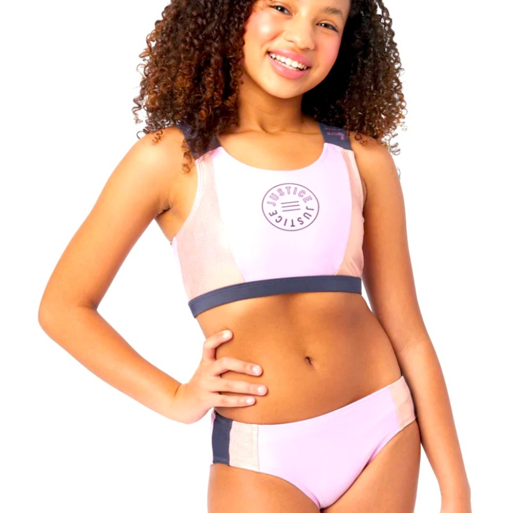 Girls swimsuit bikini size 16/18 (XL),Color block, pink with light gold trim